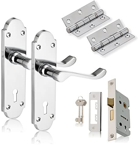 XFORT Chrome Elegance Range Polished Chrome Richmond Lever Lock Pack, Complete Set with Lock Door Handles, 65mm Sashlock and 75mm Ball Bearing Hinges, for Internal Wooden Doors