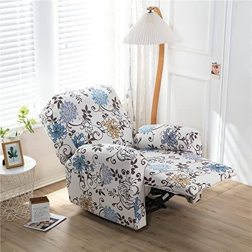 Highdi Stretchhusse für Relaxsessel Sesselbezug 4-teiliges Set, Komplett Sesselschoner Luxus Blumen Druck Ruhesessel Bezug für Fernsehsessel, Liege Sessel, Recliner Sessel (Blaue Chrysantheme)