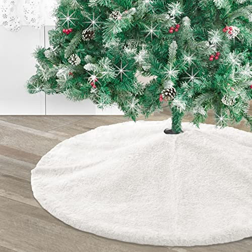 Deggodech Weiß Weihnachtsbaum Röcke mit Helles Filament, 90cm Plüsch Weihnachtsbaumrock mit Kunstfell Runde Rand Christbaumständer Baum Decke für Weihnachten Neujahr Party Dekorationen