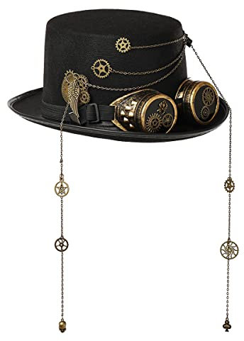 BPURB Damen Herren Steampunk Zylinder mit Brille Punk Halloween Party Kostüm Gothic Hut (Schwarz-2, 58cm/22.83 inches)