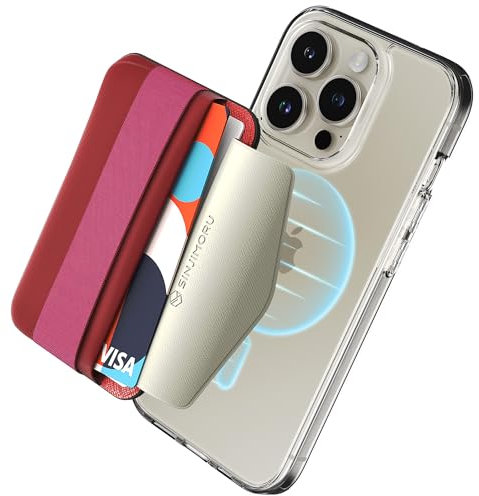 Sinjimoru Magnetischer Handy Kartenhalter für MagSafe mit elastischem Fingerhalter, Handy Kartenetui mit weichem Band kompatibel mit MagSafe Wallet für iPhone 16, 15, 14, 13 & 12 Reihe. M-Band Rot