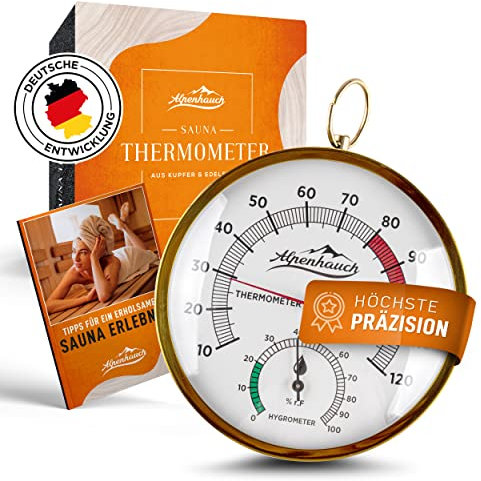 ALPENHAUCH Sauna Thermometer Hygrometer Holz [2in1 Funktion] - Besonders präzises Saunathermometer mit gehärtetem Glas - Automatische Kalibrierung - Edles Sauna Zubehör - Hygrometer Thermometer Sauna