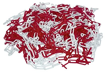Absperrkette aus Stahl, geschweißte Glieder, verzinkt und weiß/rot beschichtet, Länge: 10 m, Drahtstärke ca. 5 mm