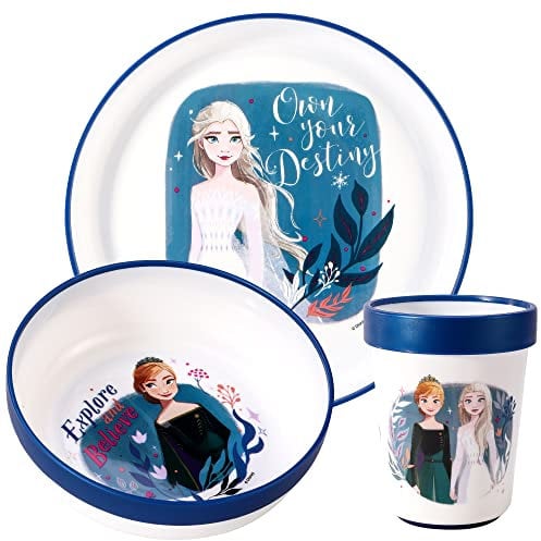 Frozen - Juego de vajilla bicolor reutilizable para niños, 3 piezas, plato, cuenco y vaso, sin BPA