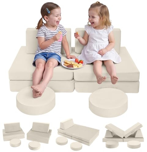 MeMoreCool 8 Piece Kids Play Sofa, Modular Toddler Chair Couch, Beige | Fold Out Toddler Chair Armchair and Creative Baby Couch, Convertible Sofa Bed Playset For Bedroom Playroom