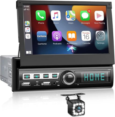 CAMECHO Radio de Coche 1 DIN Carplay/Android Auto/Mirror Link con Pantalla táctil Auto Automático Extensible de 7 Pulgadas,Radio de Coche con Pantalla Bluetooth FM USB AUX TF+Micrófono Externo+Cámara