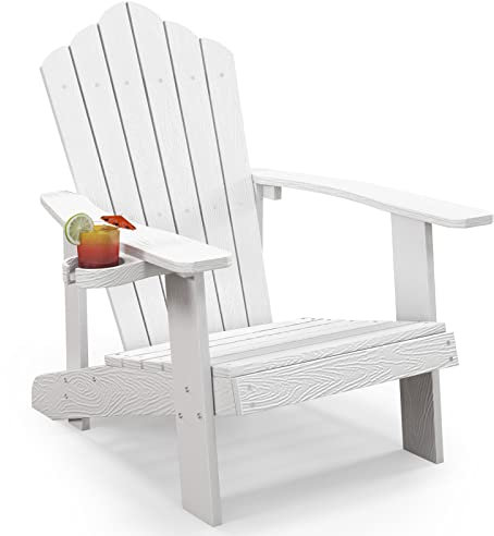 GOPLUS Adirondack Gartenstuhl mit Getränkehalter, Gartensessel mit Komfortabler Rücklehne & Breiten Armlehnen, Wetterfester Gartenstuhl für Garten Terrasse Feuerstelle Balkon (Weiß)