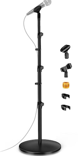Round Base Microphone Stand, Bietrun Heavy Duty Adjustable Metal Mic Floor Stand for Singing/Church/Stage with 2 Universal Mic Clip, 3/8'' to 5/8''Adapter, for Shure SM7B/SM58/Samson Q2U/Podmic＆More