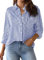 NONSAR Bluse Damen Elegant Langarm Streifenbluse Hemden mit Knöpfen Casual Büro Arbeit Blusen Baumwolle Tunika Hemd Oberteile Tops(9359S,Blau)