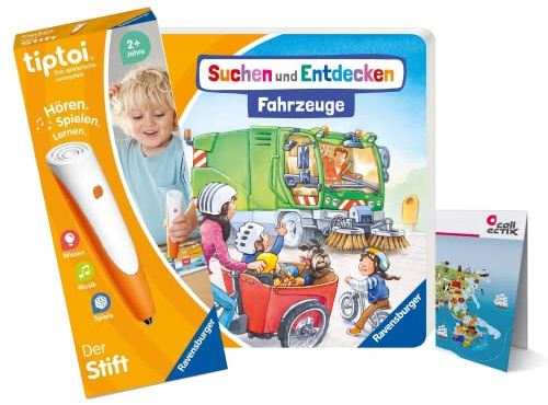 tiptoi Ravensburger Set: Suchen und Entdecken - Fahrzeuge (Kinderbuch) + 00110 Stift + Kinder-Weltkarte, Lernspielzeug für Kinder