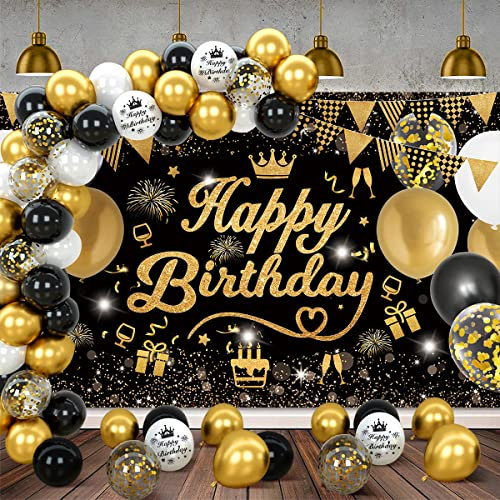 Geburtstag Dekoration Männer Banner, Schwarzes Gold Extra Lange Geburtstag Happy Birthday Poster Hintergrund Schwarzes Gold Deko Geburtstag Luftballons Konfetti Männer Frau Junge Deko Banner 190X120cm