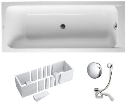 VBChome Badewanne 160x70 cm Duravit Acryl SET Wannenträger Siphon Wanne Rechteck Weiß Design Modern Styroporträger Ablaufgarnitur in Chrom Badewanne 160 x 70 cm