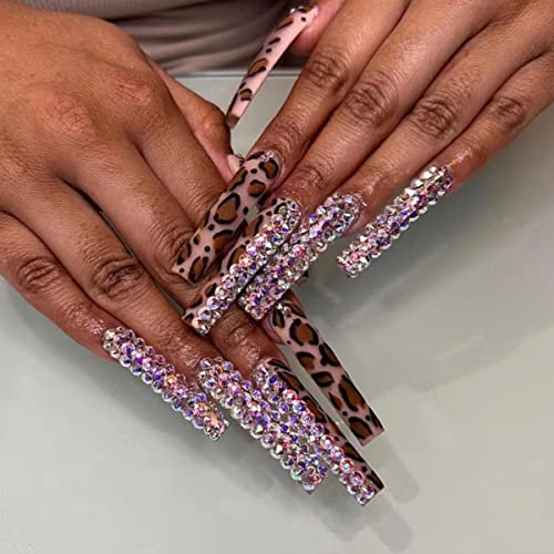 JUSTOTRY 24 Pcs Leopard False Nails Long with Diamond,Brown French Press on Nails Patterns,Nude Ballerina Stick on Nails for Women,Acrylic Coffin Fake Nail Medium for Nail Art