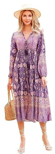 R.Vivimos Donne Eleganti Casual Bohemian Print Neck Tie Maniche Lunghe Abito da Spiaggia Lungo Midi Vestito Vacanze(L,Viola Scuro)