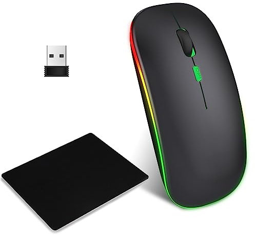 EasyULT Souris sans Fil Rechargeable, Bluetooth 5.1+2.4G Muette sans Fil Souris, Souris Mince 3 DPI Rétroéclairée de 7 Couleurs avec Récepteur USB et Tapis de Souris pour PC/Tablet/Laptop (Noir)