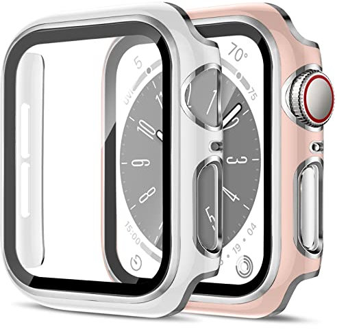 SOLOLUP 2 Pezzi PC Cover per Apple Watch Series 9 8 7 45mm con Vetro Temperato,Custodia Anti-Graffio Complessiva Proteggi Schermo Protettiva per Apple Watch 45mm Cover,Rosa&Argento/Bianco&Argento
