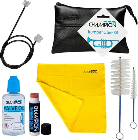 Champion Music Trumpet Care Kit. Cleaning and Maintenance Pack Complete with Valve Oil, Slide Grease, Cleaning Brushes, Long Cleaning Snake Brush & Polish Cloth.
