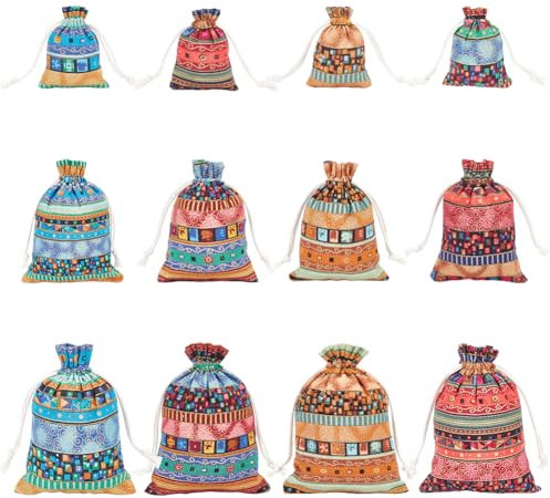 nbeads 12 Stück 3 Größen Geschenktüten Mit Kordelzug, Böhmische Leinenbeutel Mit Kordelzug Ethno-Stil Jutebeutel Für Hochzeit Party Kunsthandwerk Geschenke Snacks Schmuck