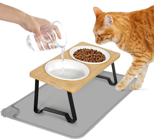 Lnueovcn Raised Cat Bowls 2PCS, 15° Tilted Ceramic Elevated Cat food Bowls for Food and Water, Cat Dog bowls Dish with Bamboo Stand Anti Vomiting for Cats and Puppy, Non-Slip Stand, Dishwasher Safe
