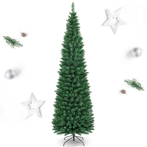 RELAX4LIFE Albero di Natale Slim 150/180/210/240 cm, Stretto e Alto, Rami Folti in PVC, Base in Metallo Pieghevole in Ferro,Albero Natale Artificiale Verde (210 cm)