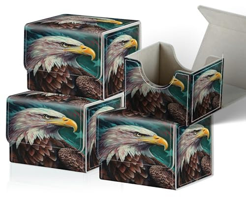 RWUTYTIUL Card Deck Box for MTG Cards(4 Pack), Card Storage Box Fits 100+ Sleeved Cards, PU Leather Large Size Strong Magnet Card Deck Case Holder for Board Game Magic MTG TCG CCG, Flag Eagle