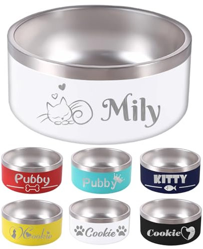 64OZ Personalised Dog Bowl Laser Engraved Custom Pet Name 32/42/64 oz No Slip Stainless Steel Insulated Bite-resistant Food Water Dishes-White