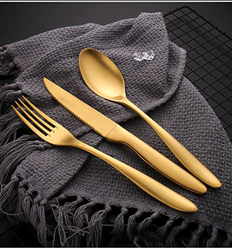 DSeenLeap Set di posate in acciaio inossidabile da 48 pezzi, set di posate per utensili da cucina per la casa per 12 persone, set di posate, lavabile in lavastoviglie (Oro)