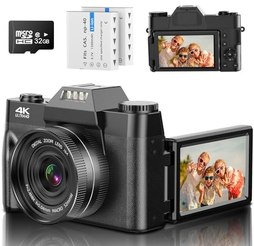 Toiauaha Digitalkamera 4K UHD Fotokamera 56MP AutoFocus Fotoapparat 3 180° Flip Bildschirm Blitz Kompaktkamera 16X Digitalzoom mit 32GB Micro SD Karte & 2 1500mAh Akkus für Anfänger