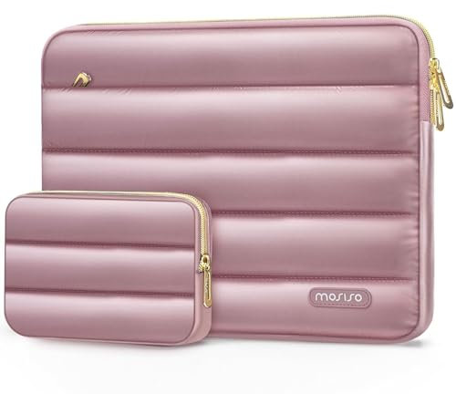 MOSISO 13-14 inch Laptop Case, 13.3 inch Shiny Puffy Laptop Sleeve Compatible with MacBook Air 13.6 M4 M3 M2 M1/Pro 13/Pro 14, HP ASUS Lenovo, Horizontal Computer Bag with Small Case, Rose Gold