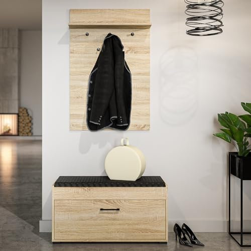 Lomadox Flurgarderobe Garderobenmöbel Schuhbank 90cm gepolstert Klappe Stauraum Aufbewahrung Garderobenpaneel Eiche hell