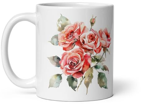 Chatcripant Tasse Fleur Fleurie Peinture Aquarelle Nature Mug Thé Café Plantes Cadeau Fantaisie Original Vintage Tulipes Lys Rose Cerisier Coquelicots Tournesols (Roses)