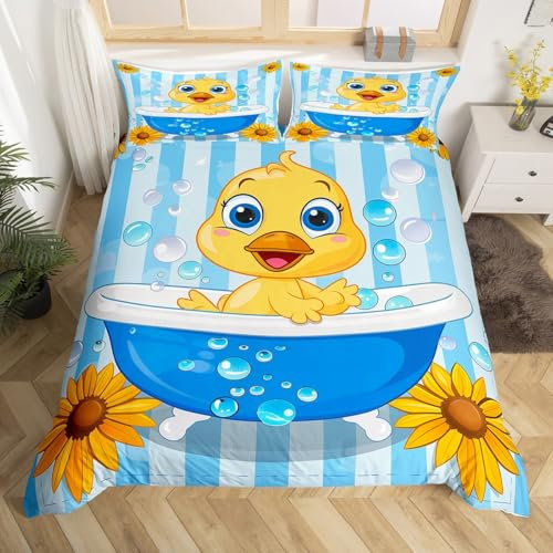 Kinder Cartoon Ente Bett Set Chic Sonnenblume Floral Bettbezug,Blau Geometrische Gestreifte 135x200 Bettwäsche Sets Badezimmer Dusche Thema Tröster Abdeckung,Bauernhof Tier Wildlife Bettbezug