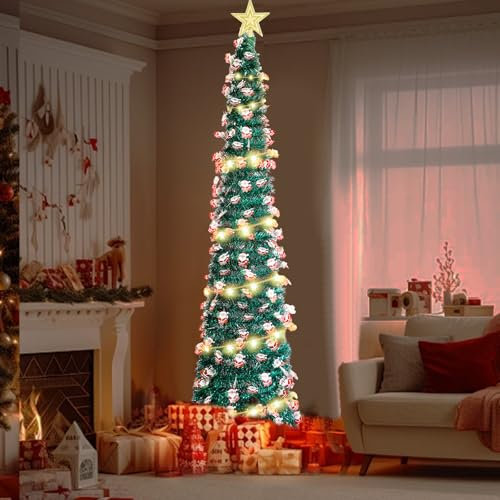 Les-Theresa 5Ft Artificial Pencil Pre Lit Christmas Trees, Slim Xmas Tree with 16.5Ft Lights Collapsible Christmas Lights Tree for Indoor Outdoor Decorations (Santa Claus)
