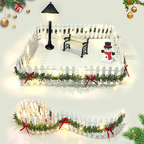 6 Stück Wichtel Zubehör Weihnachten, Miniatur Deko Miniatur Zaun Holzzaun, Mini Weihnachtszaun mit Lichtern, Stühle, Schneemänner, Straßenlaternen,und Grußkarten,Weiß Mini Dekorativer Gartenzaun