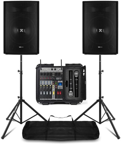 Complete PA System Package with 15'' SL15 Passive 2-Way Speakers, 6-Channel Power Mixer, & Wireless Mics | Portable PA System with Microphones for Bands, Events & Presentations