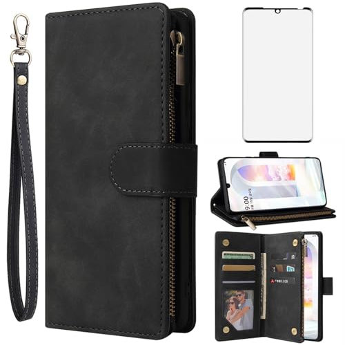 Asuwish Handyhülle für LG Velvet 5G/4G Hülle mit Folie Schutzfolie und Kartenfach Klappbar Leder Geldbörse Ständer LMG910EMW LM-G910EMW Reißverschluss Cover Handy Hüllen Schutzhülle Phone Case Schwarz