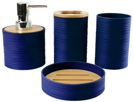 Hosoncovy Set di 4 contenitori da bagno con dispenser di sapone, tazza da bagno, portasapone, spazzolino da denti e dentifricio (blu scuro)