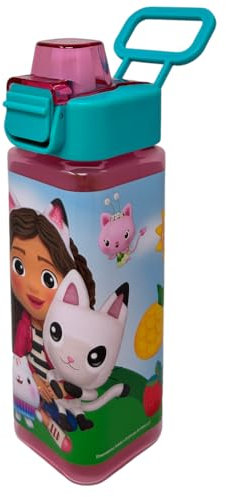 CARTOON Bouteille d'eau carrée en plastique réutilisable 500 ml ouverture à pression accessoire pour enfants (Gabby's Dollhouse)
