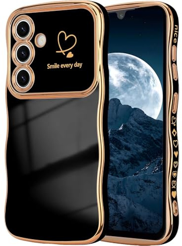 CaseLover Handyhülle für Samsung Galaxy A15 4G/5G Hülle, Liebesherz Handyhülle Wellen Lockige Form Galvanisierte Silikon TPU Bumper Case Kameraschutz Stoßfeste Schutzhülle für Samsung A15, Schwarz