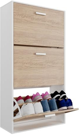 CASABEL - Mueble Zapatero de 18 Pares - Estantería de Gran Capacidad para vestíbulo o Pasillo - (Ancho) 60 x (Profundidad) 24 x (Alto) 113 cm - Puertas de Madera Clara con Marco Blanco