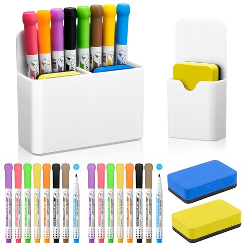 XTUDOU® Whiteboard Stifte Set, 16 White Board Marker Pens, 2 Aufbewahrungsboxen, mit 2 Stifthalter Magnetisch, Magnetischer Stiftehalter Weiß für Schule, BüRo, (Weiß)