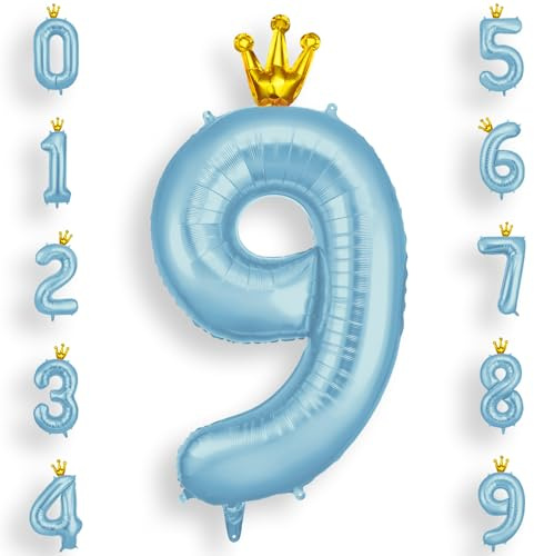 AOOSU Zahlen Luftballon Geburtstag 9 Blau, 40 Zoll Geburtstagsdeko Ballon 9, Riesige Folienballon 9 mit Krone für Geburtstagsparty Deko, Jubiläum 9 Jahre Deko