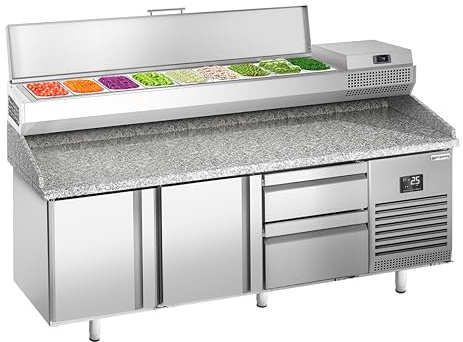 GGM Gastro | POI207T2S2313#AEI203 | Pizzakühltisch Premium PLUS - 1980x700mm - mit 2 Türen & 2 Schubladen - inkl. Kühlaufsatzvitrine - 9x GN 1/4