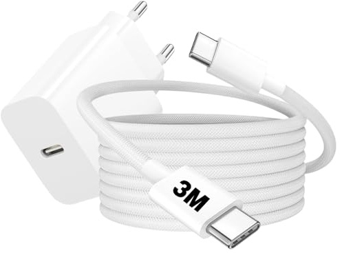 Schnellladekabel iPhone 16 Pro Ladegerät 20W USB C Power Adapter USB C Kabel 3M Nylon Geflochtenes Ladekabel USBC Weiß Kompatibel für iPhone 15 Charger Samsung Netzteil Xiaomi Google Pixel Ladegerät