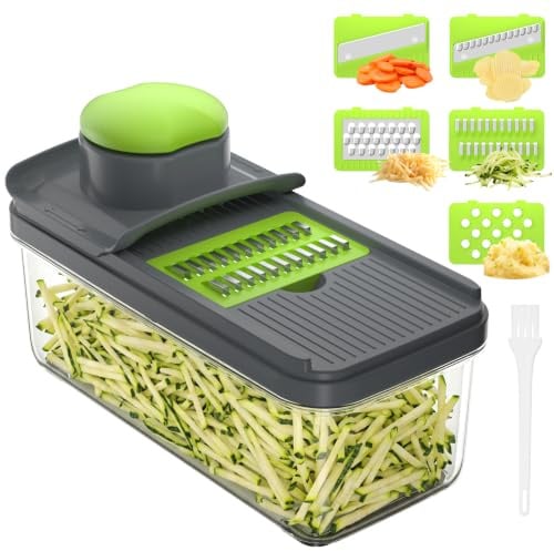 Mandolina de Cocina Profesional, Cortador de Verdura, Rallador de Verduras con 5 Cuchillas Afiladas Intercambiables, Cortador de Patatas Tomates Pepinos Queso Frutas（Verde）