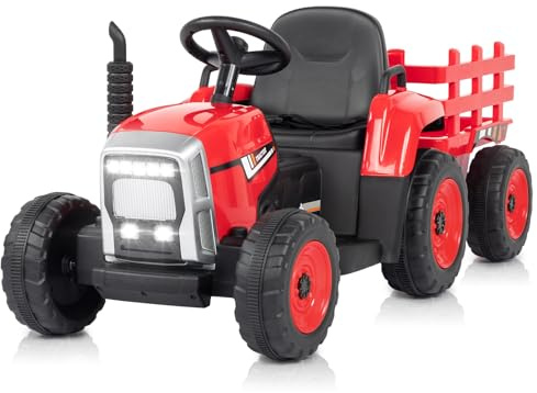 LALAHO Kinder Traktor mit abnehmbarem Anhänger LED Musik USB Hupe | Aufsitztraktor mit vielfältigen ofunktionen für Kleinkinder
