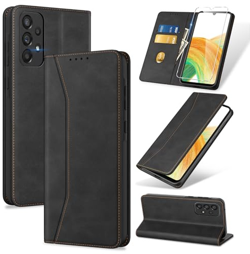 Phoona Coque pour Samsung Galaxy A33 5G avec 1 Verre Trempé, Housse Premium en Cuir PU Portefeuille [RFID Blocage][Antichoc][Magnétique][Porte Cartes][Stand Fonction] Etui Flip Case Noir
