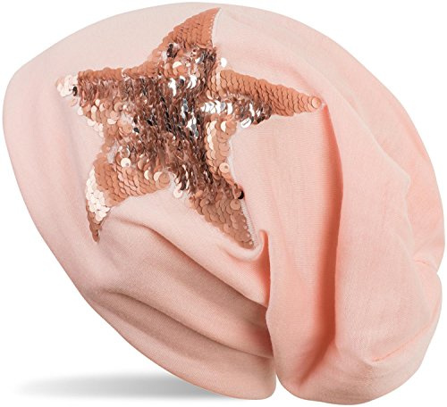 styleBREAKER Damen Long-Beanie Pailletten-Stern | Glitzernde Wendepailletten-Applikation, Slouch-Style, Stretchanteil, 25,5 cm Bundweite, Einheitsgröße für Erwachsene.
