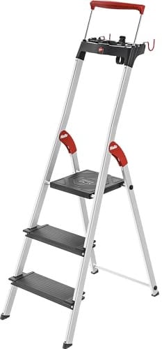 Hailo L100 Topline Alu-Sicherheits-Stehleiter - 3 XXL-Stufen bis 150 kg - Stehleiter mit ausziehbarem Haltebügel, Plattformverriegelung - viel Zubehör - klappbare Aluleiter Made in Germany - schwarz