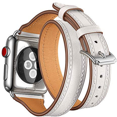 AISPORTS Compatible avec Apple Watch Series 4 40mm/3/2/1 38mm - Bracelet en Cuir Double Tour Fin Unisexe - Blanc